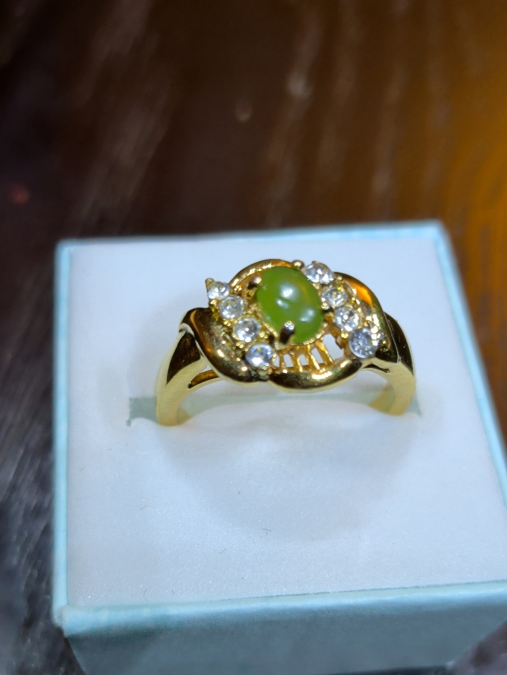 Vintage 1970s Gold Electroplated Genuine Jade With Crystals Ring Size 8.25